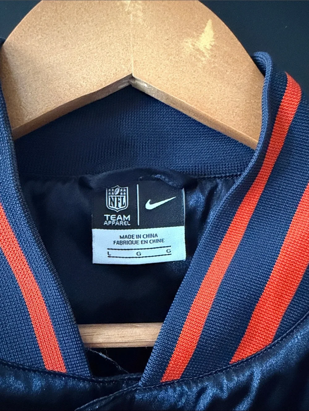 NFL Chicago Bears Black Satin Bomber Jacket with Orange and Navy Trim